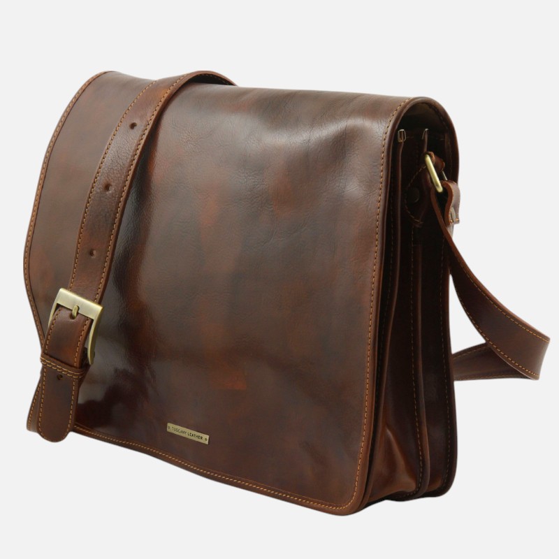 Messenger double Crossbody leather bag - Καφέ - Image 2