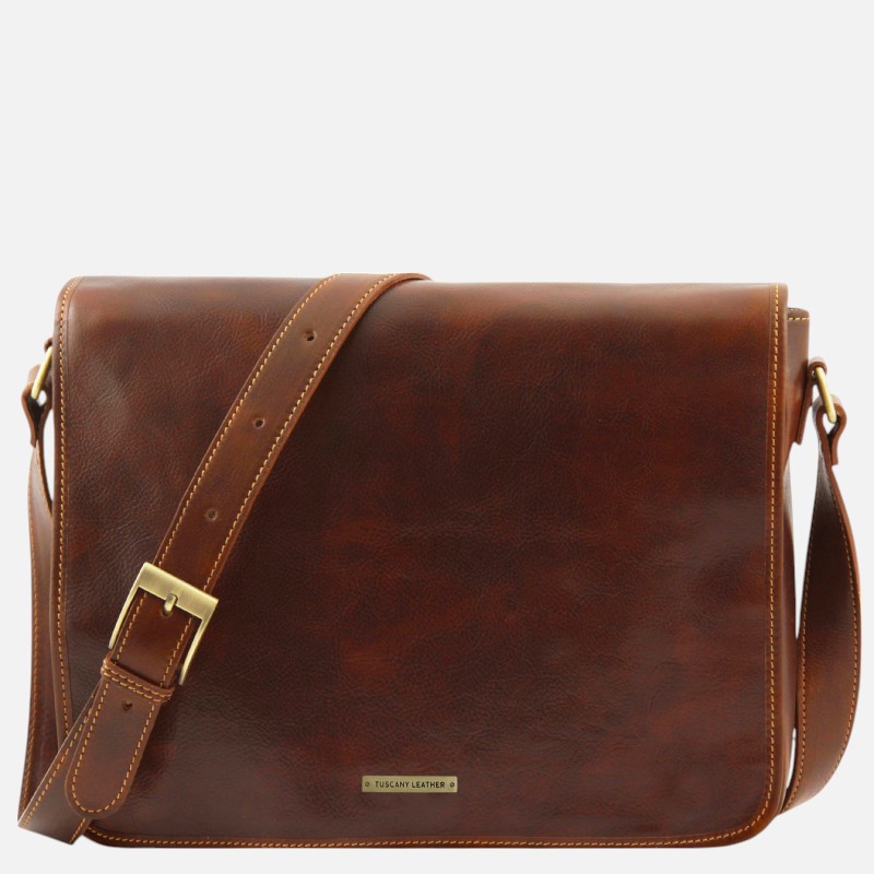 Messenger double Crossbody leather bag - Καφέ
