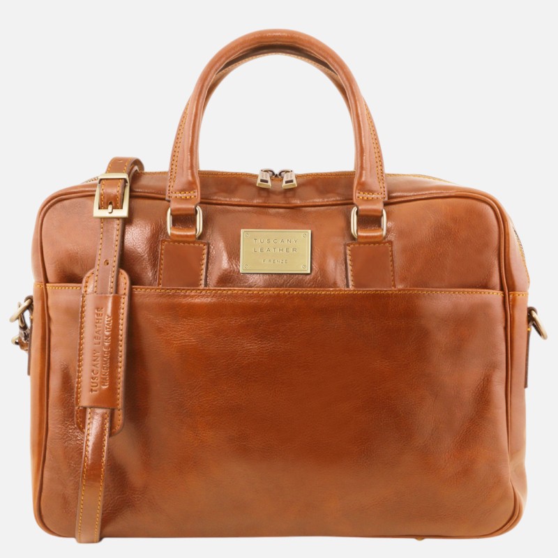 Urbino Leather laptop briefcase with front pocket - Μελί