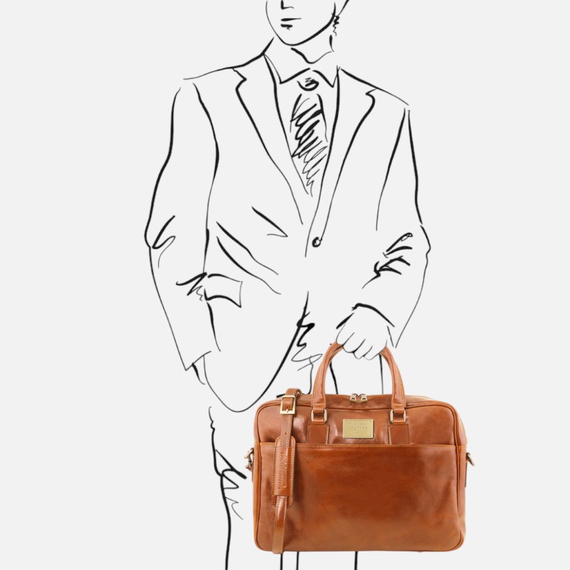 Urbino Leather laptop briefcase with front pocket - Μελί - Image 2
