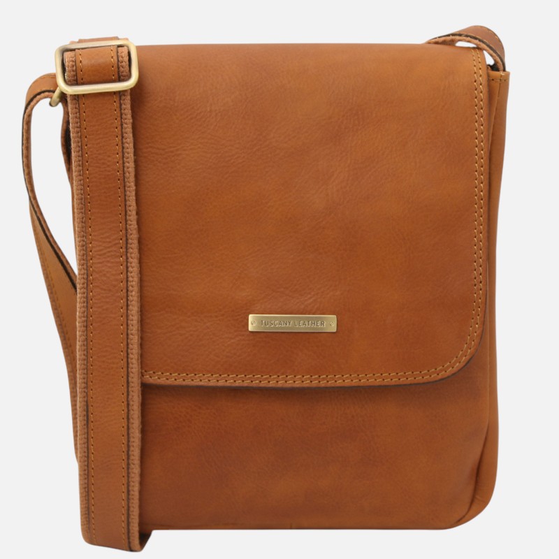 John Leather crossbody bag for men with front zip - Φυσικό