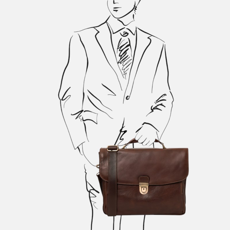 Alessandria Leather multi compartment TL SMART laptop briefcase - Καφέ σκούρο - Image 2