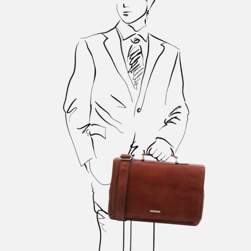 Mantova Leather multi compartment TL SMART briefcase with flap - Φυσικό - Image 9