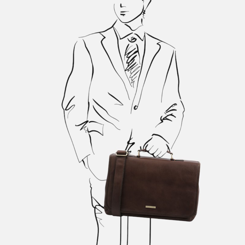Mantova Leather multi compartment TL SMART briefcase with flap - Καφέ σκούρο - Image 2