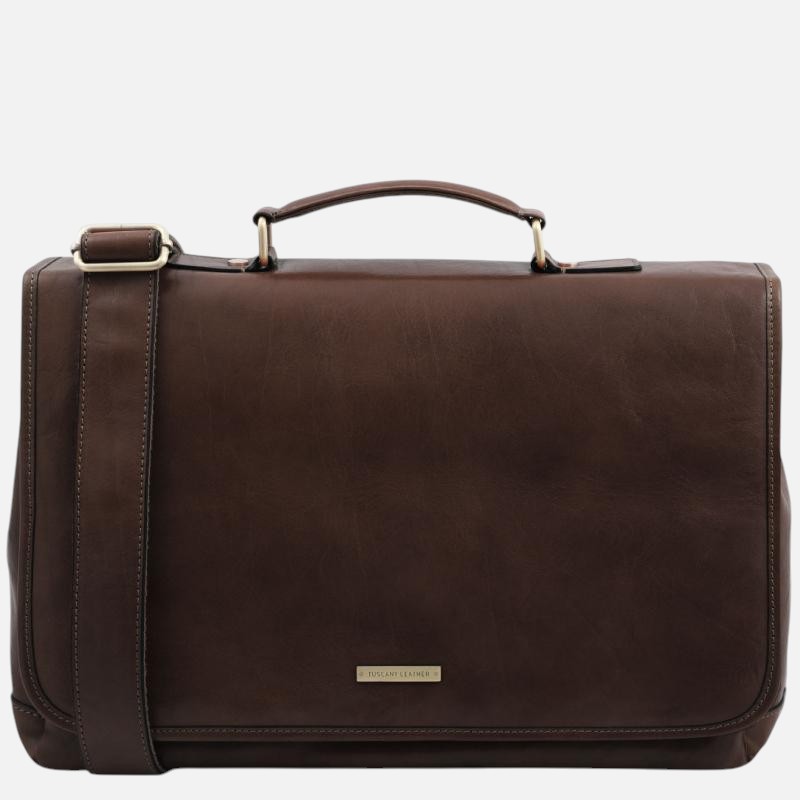 Mantova Leather multi compartment TL SMART briefcase with flap - Καφέ σκούρο