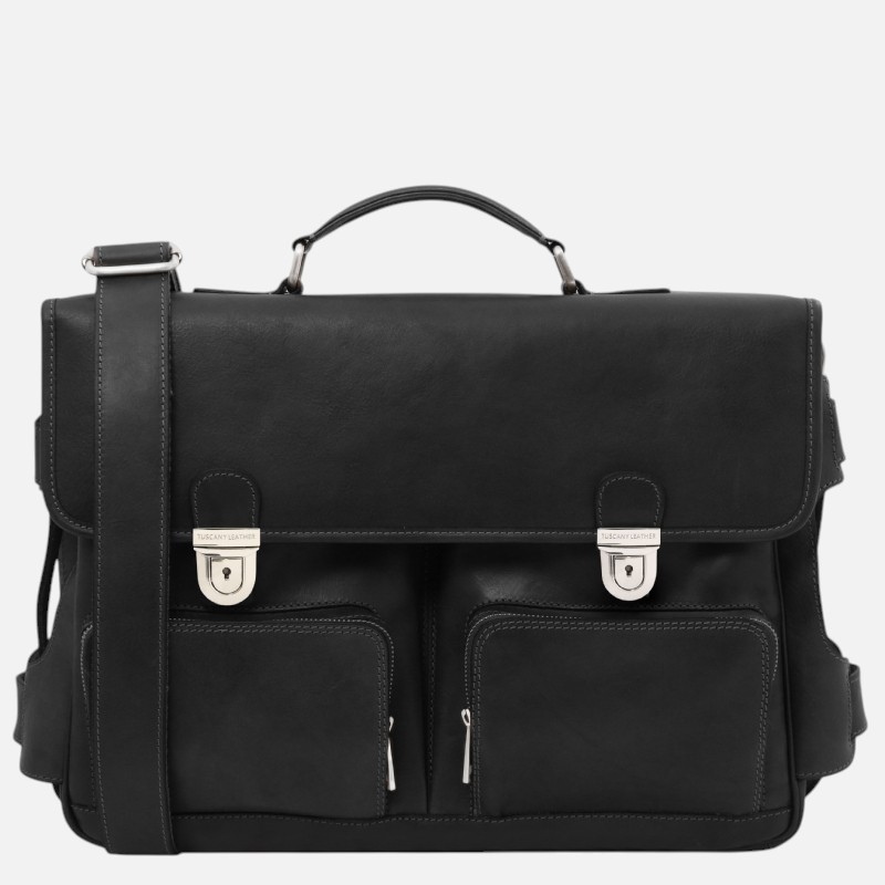 Ventimiglia Leather multi compartment briefcase with front pockets - Μαύρο