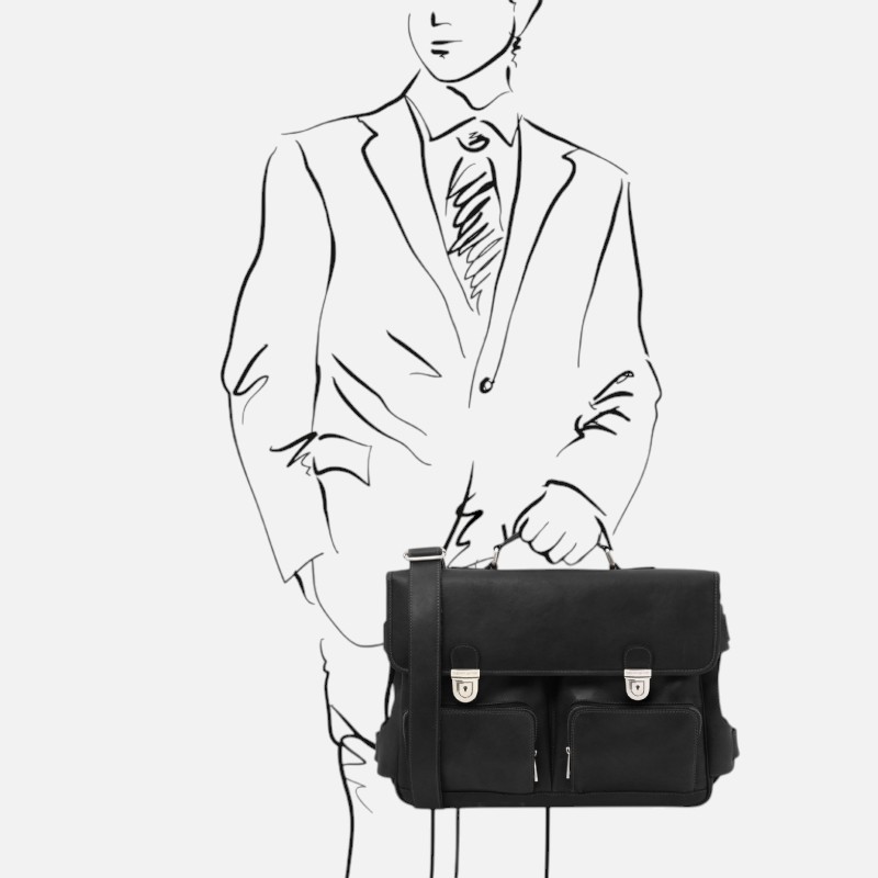 Ventimiglia Leather multi compartment briefcase with front pockets - Μαύρο - Image 7
