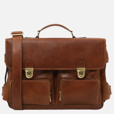 Brown leather messenger bag with two front pockets, gold-tone lock clasps, top handle, and detachable shoulder strap.