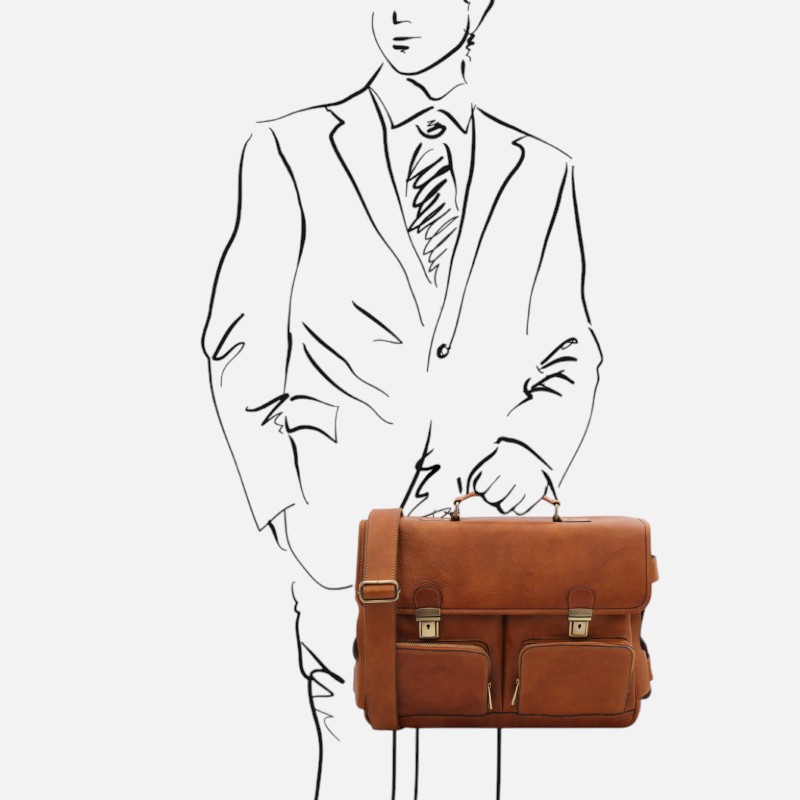 Ventimiglia Leather multi compartment briefcase with front pockets - Φυσικό - Image 2