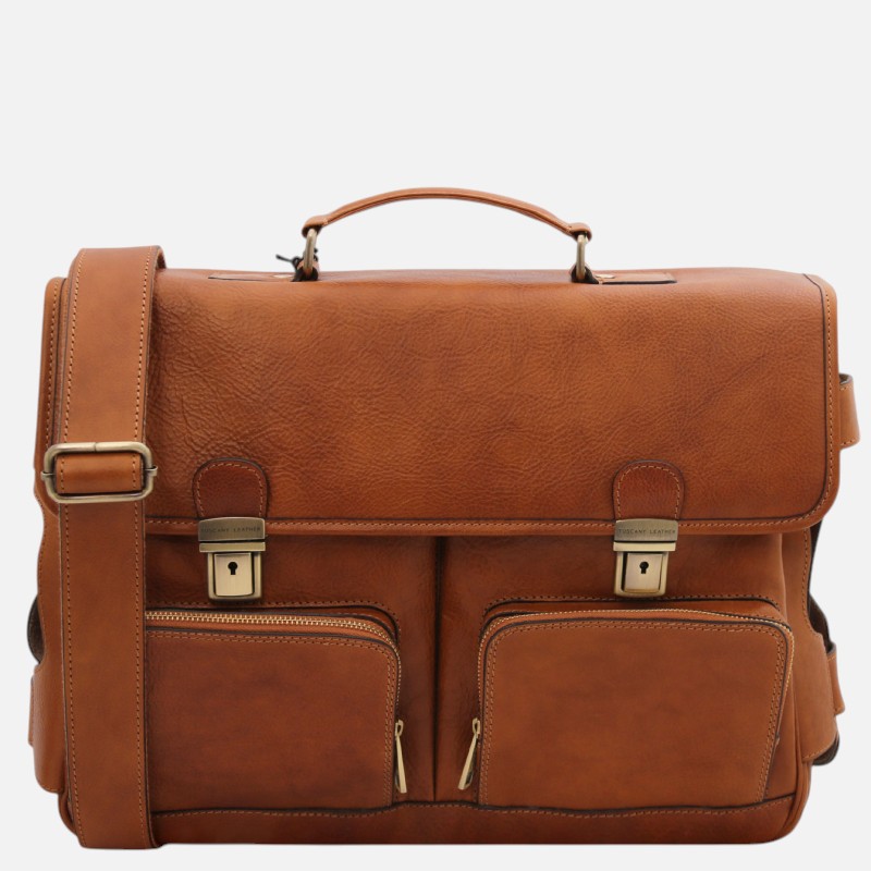 Ventimiglia Leather multi compartment briefcase with front pockets - Φυσικό