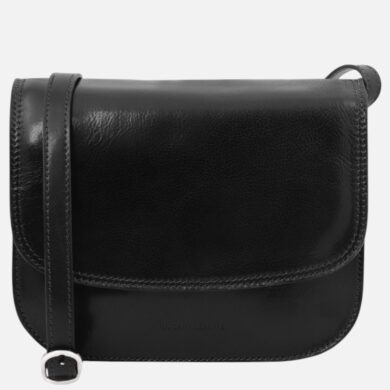 Black leather crossbody bag with a long strap and front flap detailing