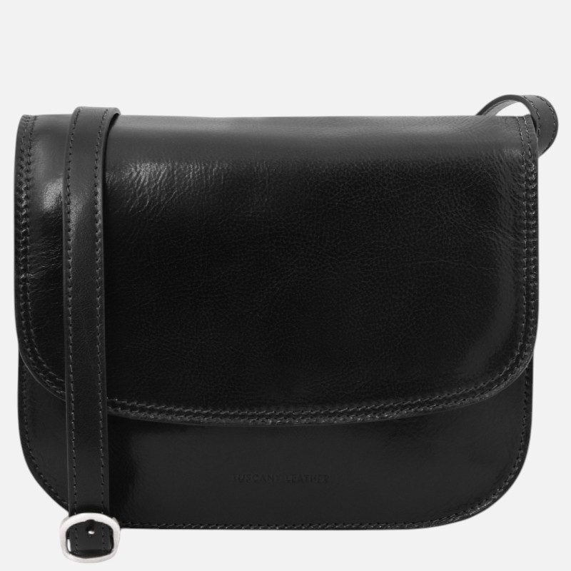 Black leather crossbody bag with a long strap and front flap detailing