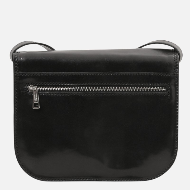 Black leather crossbody bag with a silver zippered pocket across the front/back edge.