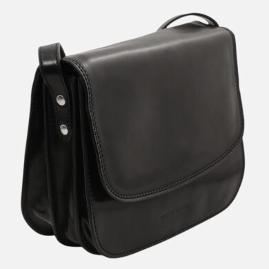 Black leather crossbody/messenger bag with a single flap and three compartments, Tuscany Leather branding visible on front edge.
