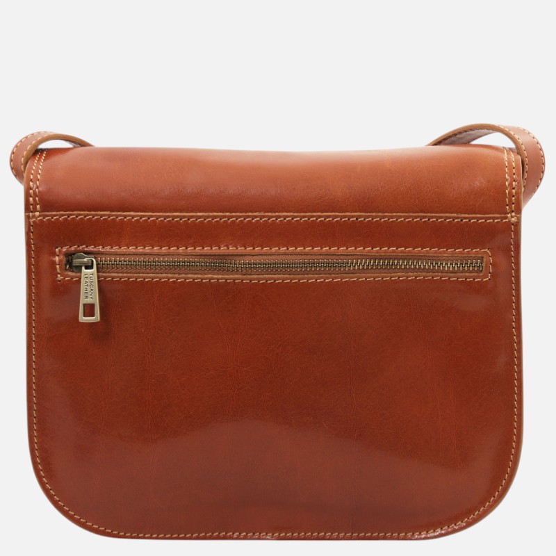 Brown leather crossbody bag with a horizontal exterior zipper pocket and visible beige stitching on the seams