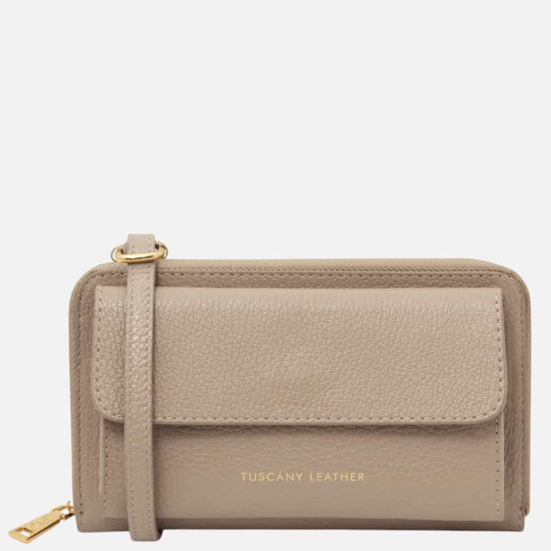 Urania Leather wallet/phone holder with strap - Σταχτί ανοιχτό