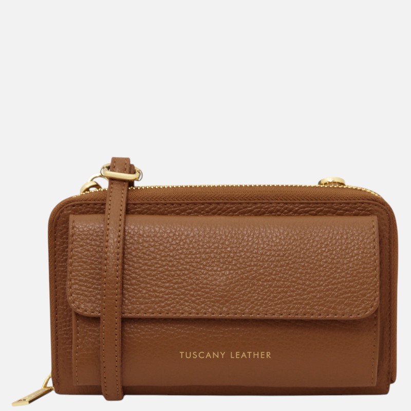 Urania Leather wallet/phone holder with strap - Κονιάκ
