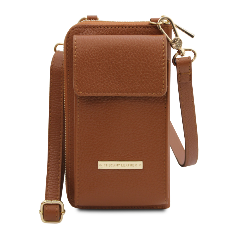 TL Bag Leather wallet/phone holder with strap - Κονιάκ