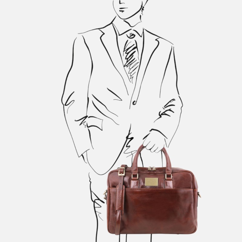 Urbino Leather laptop briefcase 2 compartments with front pocket - Καφέ - Image 11