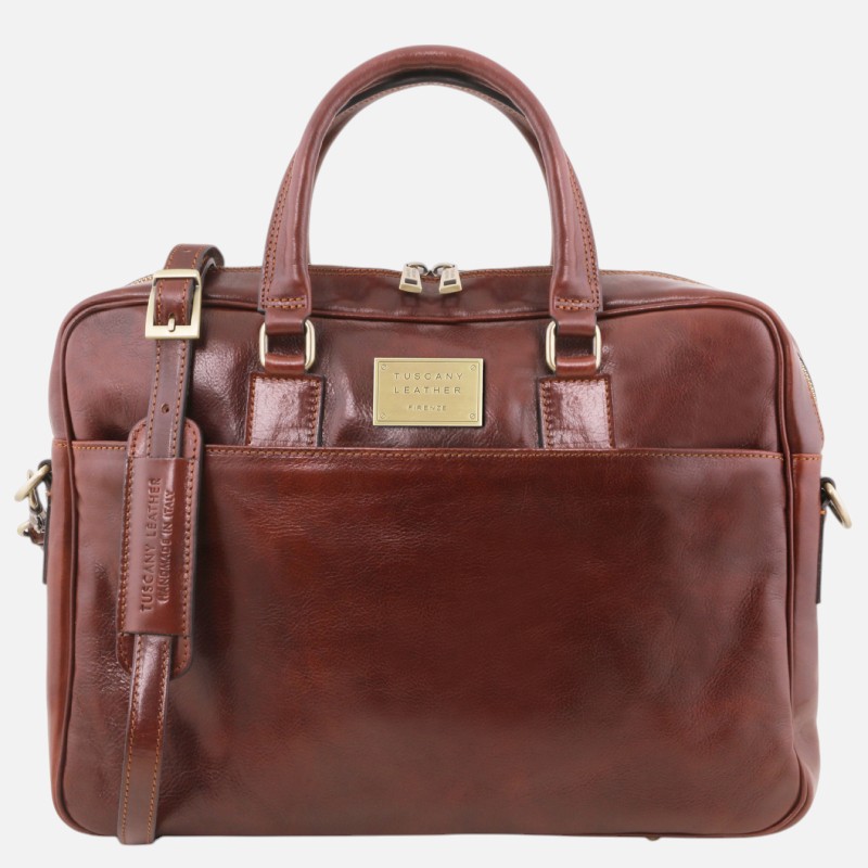 Urbino Leather laptop briefcase 2 compartments with front pocket - Καφέ