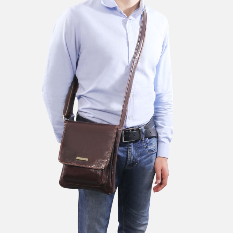 Jimmy Leather crossbody bag for men with front pocket - Καφέ σκούρο - Image 9