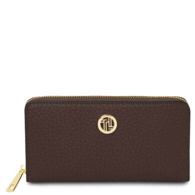 Brown textured leather wallet with a gold zipper and circular gold logo on the front