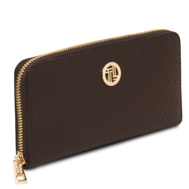 Brown textured leather zip-around wallet with a gold zipper and circular gold logo on the front.