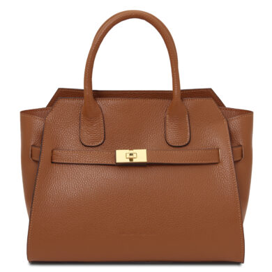 Brown pebbled leather handbag with two handles and gold-toned clasp on the front.
