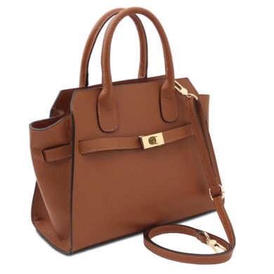 Brown leather tote bag with top handles, detachable shoulder strap, and gold clasp detail on the front pocket.