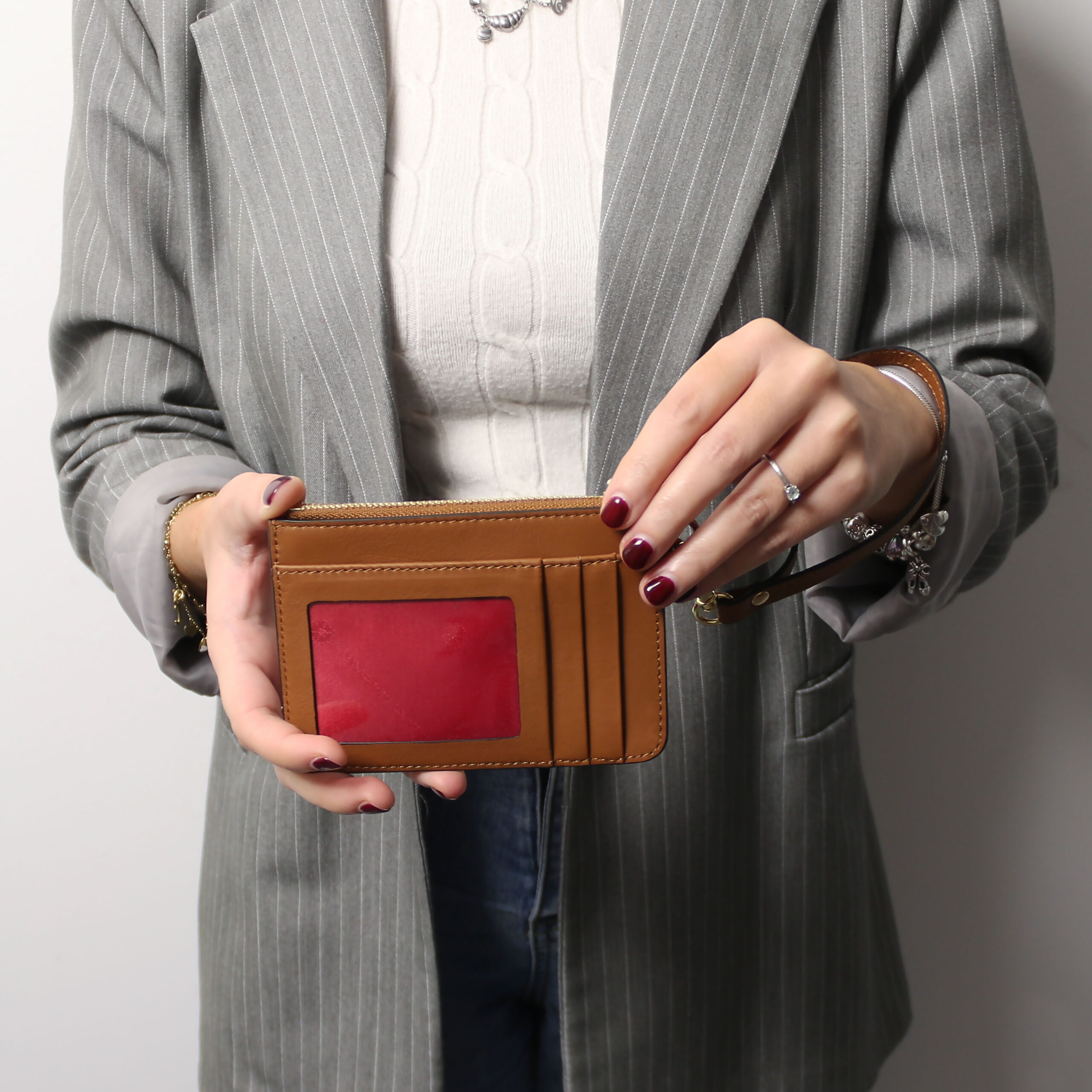 Leather card holder with handle - Μπεζ - Image 7