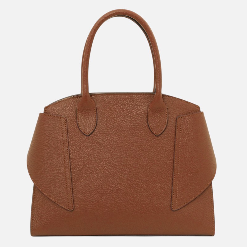 Brown pebbled leather handbag with two top handles and curved side panels, open-top style bag for daily use
