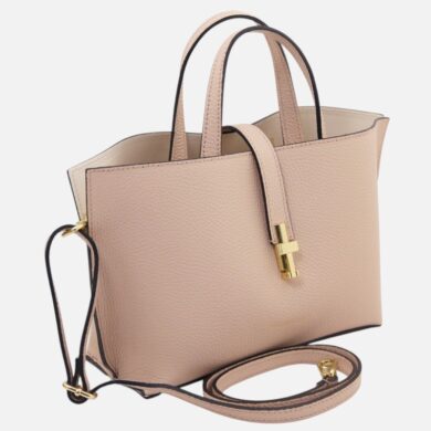 Beige pebbled leather handbag with gold hardware and a detachable shoulder strap.