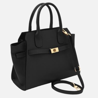 Black leather handbag with top handles and a detachable strap, gold hardware in front detail.