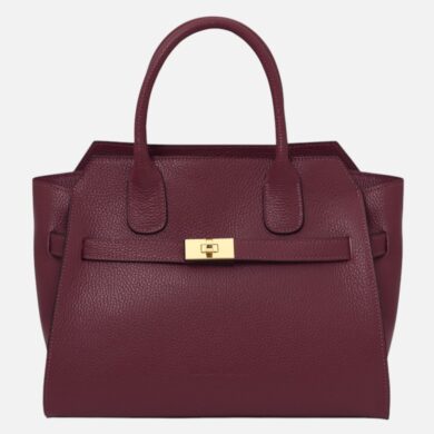 Maroon pebbled leather handbag with two top handles and a gold-tone clasp at the front center
