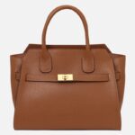 Brown pebbled leather handbag with two handles and gold-toned clasp on the front.