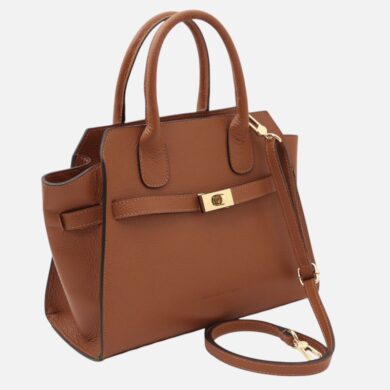 Brown leather tote bag with top handles, detachable shoulder strap, and gold clasp detail on the front pocket.
