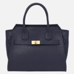 Navy blue pebbled leather handbag with two top handles and a gold clasp closure