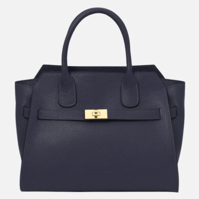 Navy blue pebbled leather handbag with two top handles and a gold clasp closure