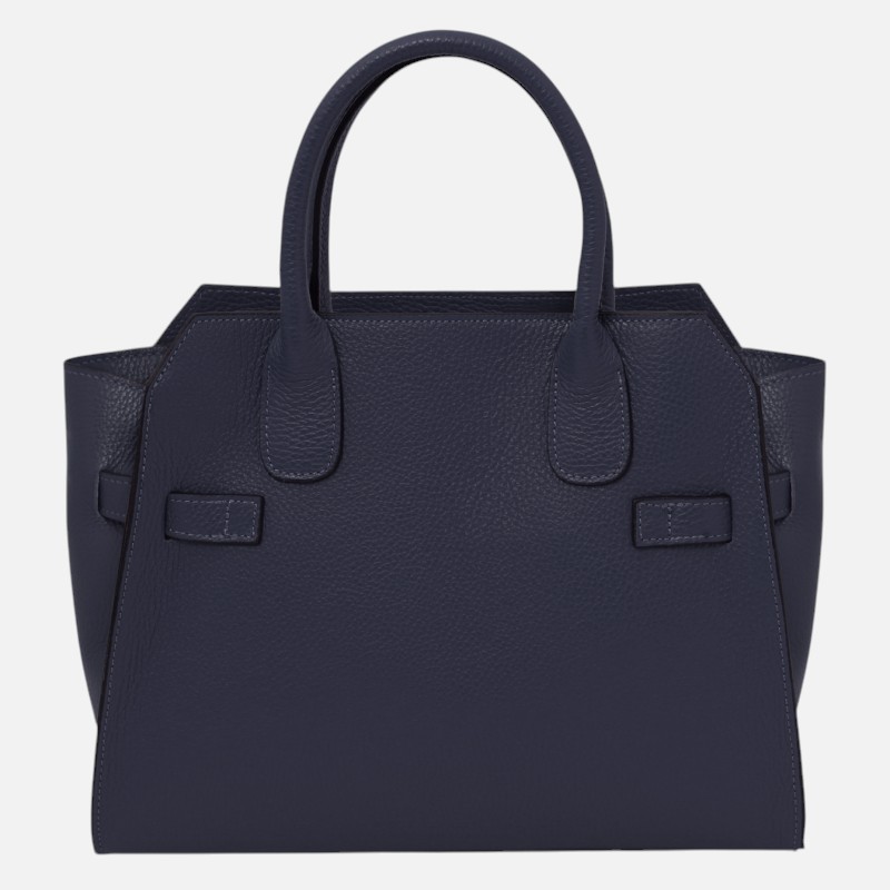 Navy blue pebbled leather tote bag with two top handles and a structured silhouette.