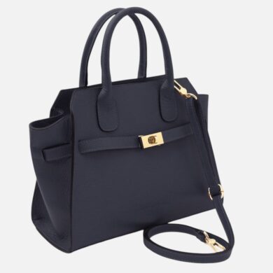 Structured navy blue leather handbag with top handles and gold-tone hardware, including a removable shoulder strap.