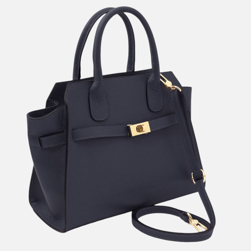Structured navy blue leather handbag with top handles and gold-tone hardware, including a removable shoulder strap.