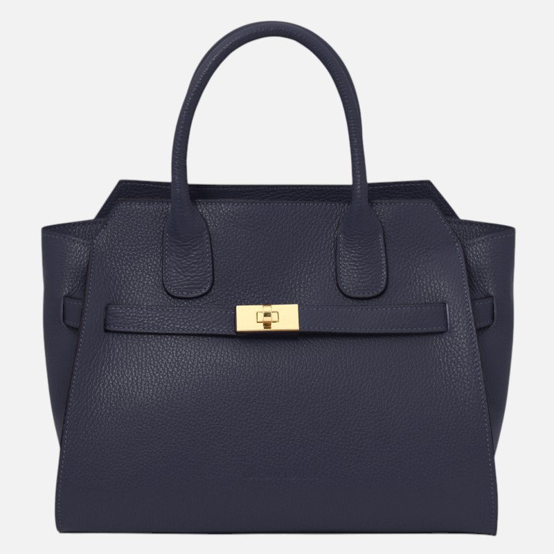 Navy blue pebbled leather handbag with two top handles and a gold clasp closure