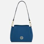 Blue leather handbag with a gold circular logo plaque and a detachable shoulder strap on gold-tone clasps