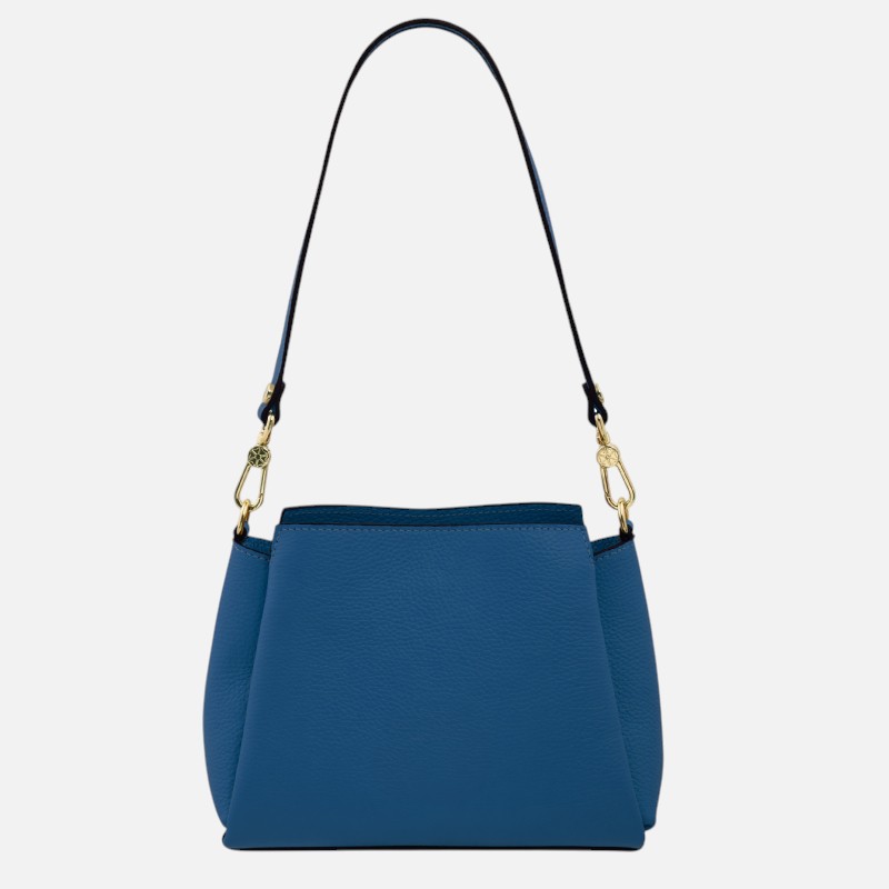 Blue pebbled-leather handbag with a detachable shoulder strap and gold-tone hardware