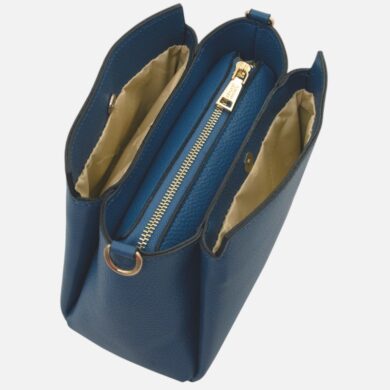 Blue leather handbag with three compartments, a central zip pocket, gold hardware, and beige lining visible inside.