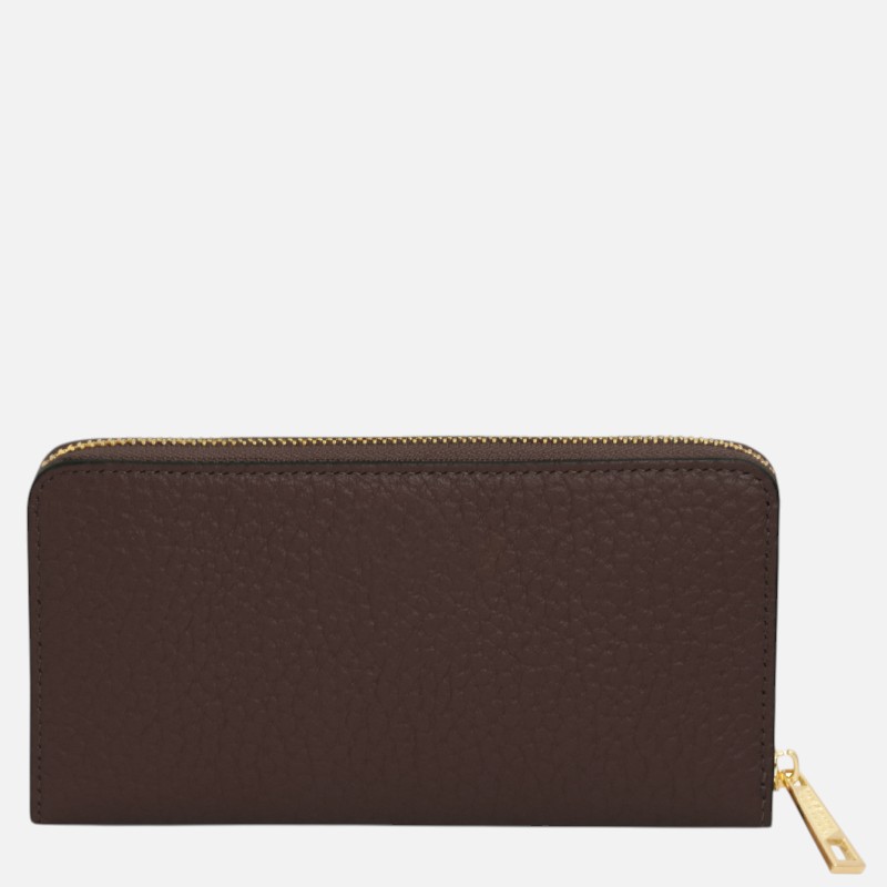 Brown pebbled leather zip-around wallet with a gold zipper pull, closed and rectangular in shape.
