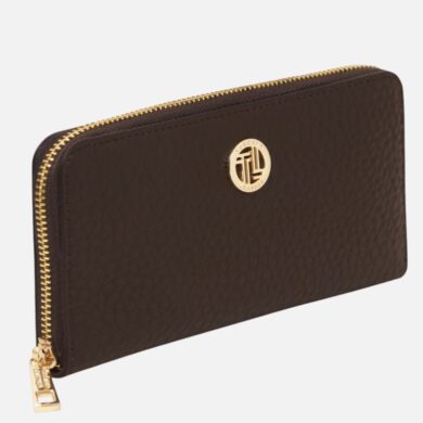 Brown textured leather zip-around wallet with a gold zipper and circular gold logo on the front.