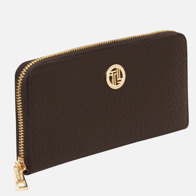 Brown textured leather zip-around wallet with a gold zipper and circular gold logo on the front.