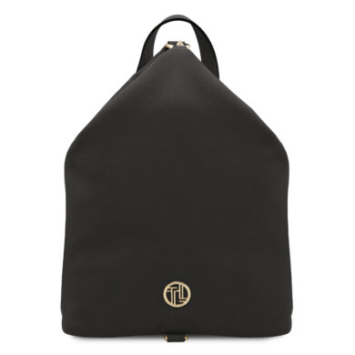 Black backpack with a rounded top, textured leather look, and a small gold circular logo at the lower front center; top handle visible.