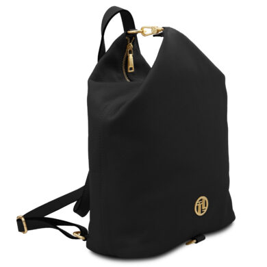 Black pebbled leather backpack with gold hardware, a top zipper, and a small gold logo on the front.